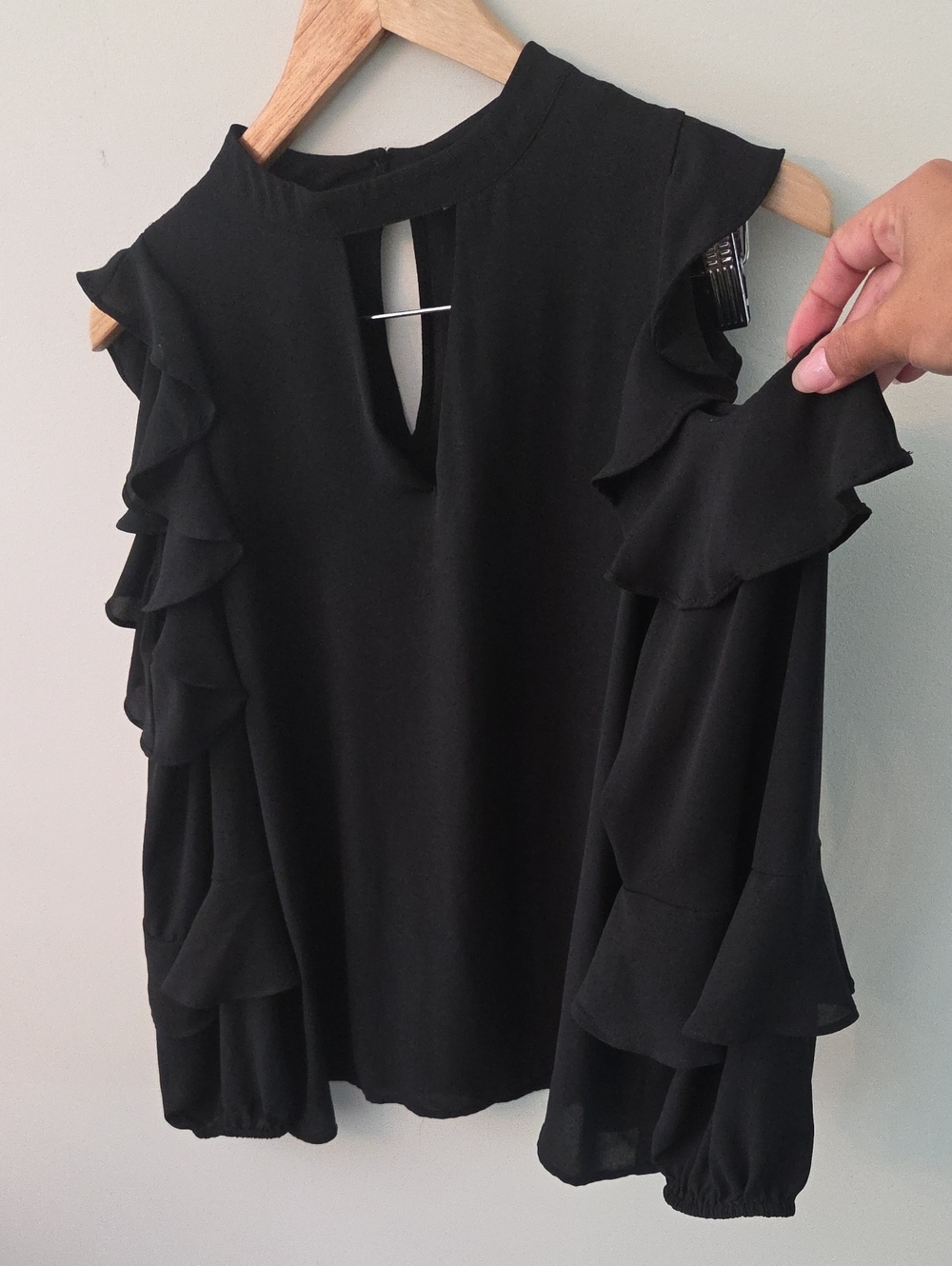 NWOT LOFT Black Cold-Shoulder Ruffle Blouse